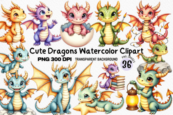 Cute Baby Dragons Watercolor Clipart: A Design Asset for Fantasy Projects